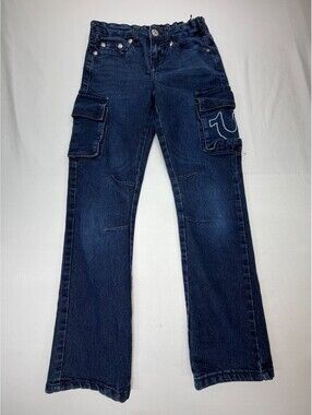 True Religion Women's Jeans Ricky Relaxed Straight Cargo Pocket Size 12 Blue